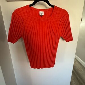 CAbi Perky Pullover #6241 Coral Orange Ribbed Short Sleeve Top